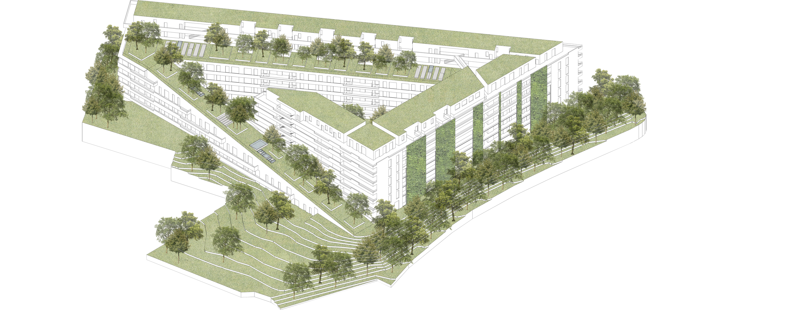 GWS-Projekt: LENDPARK in Graz, Lend. 282 freifinanzierte Eigentumswohnungen. Wohnanlage mit Dachgärten und begrünter Fassade.