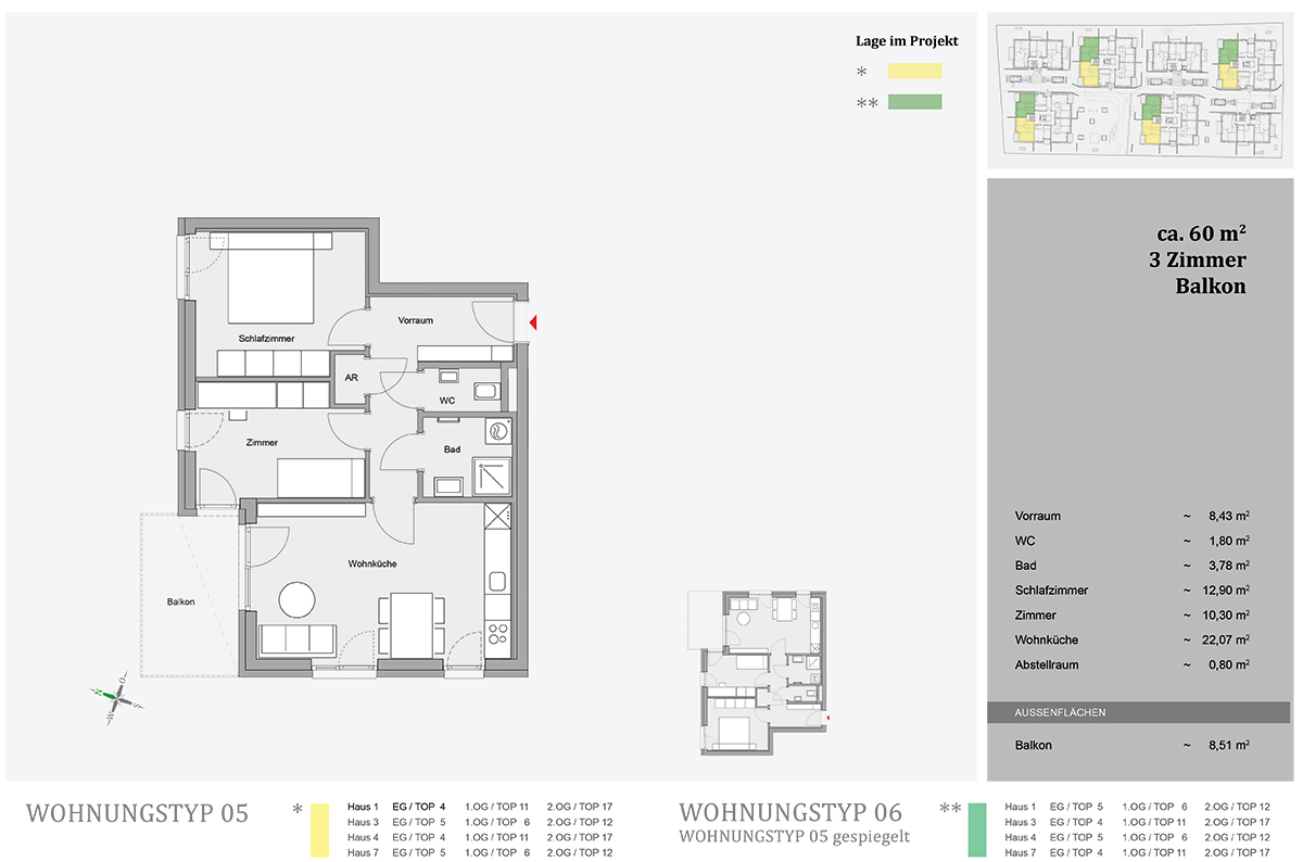 Feldkirchen, Friedrich-Ritter-Weg, Wohnungstyp 05 und 06 - 3-Zimmer-Wohnungen