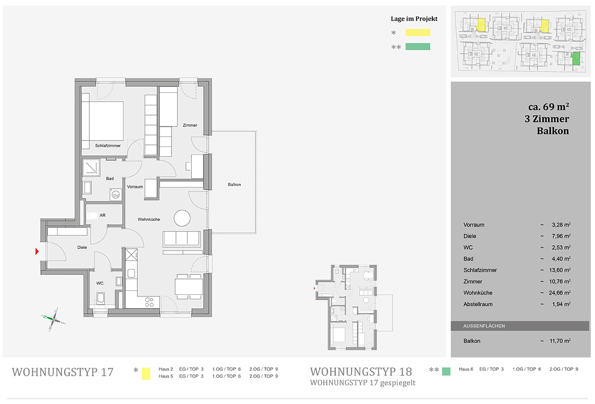 Feldkirchen, Friedrich-Ritter-Weg, Wohnungstyp 17 und 18 - 3-Zimmer-Wohnungen