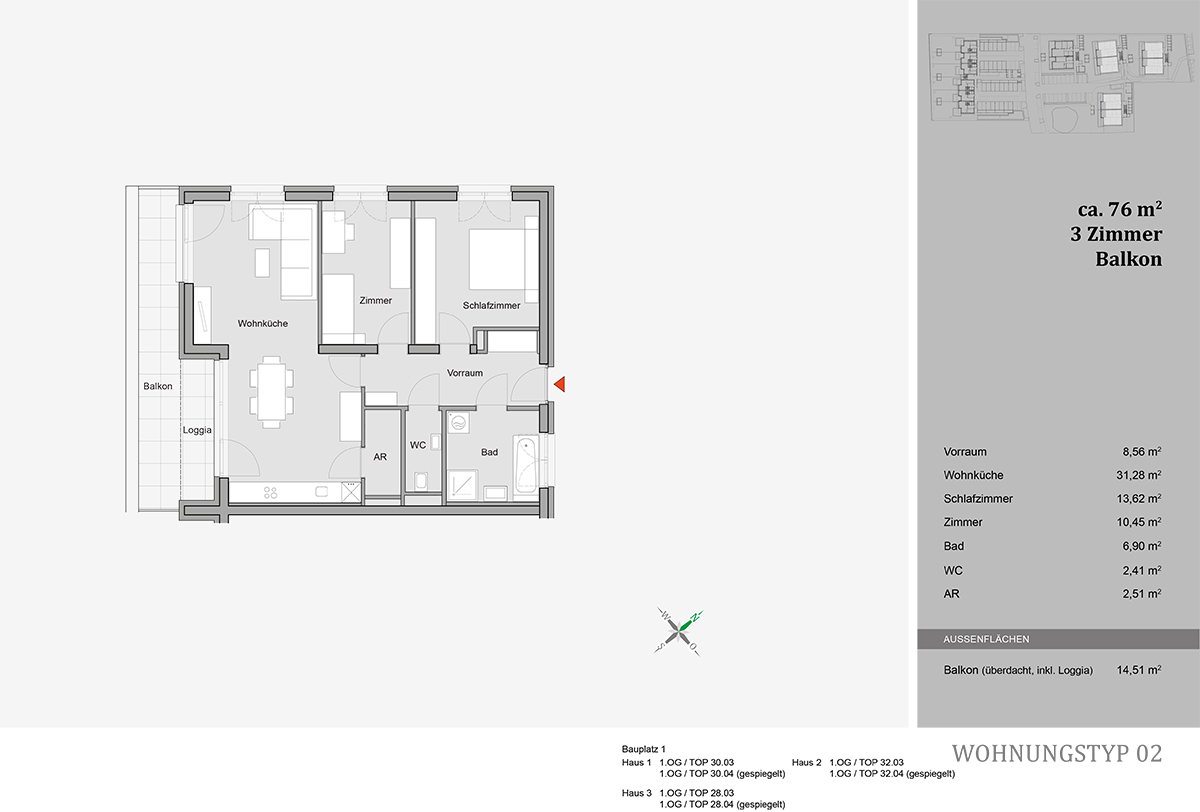 Lieboch, Nadeggerweg 28 bis 34, Mietwohnungen mit Kaufoption - Wohnungstyp 02 - 3-Zimmer-Wohnung - Grundriss