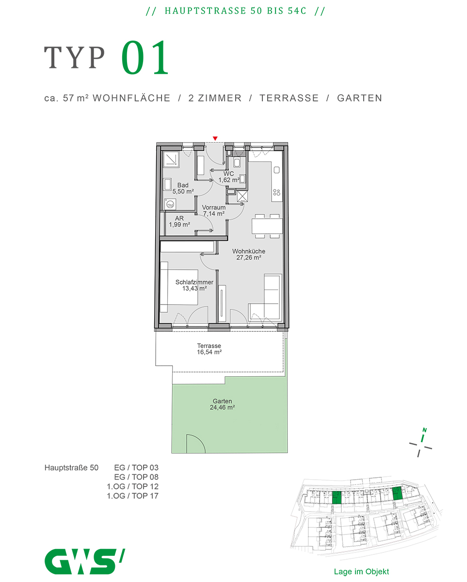 Nestelbach - Mietwohnungen mit Kaufoption - Wohnungstyp 01 - 2-Zimmer-Wohnungen - Grundriss Nestelbach, Hauptstraße 50 - 54c, Wohnungstyp 01 - 2-Zimmer-Wohnung