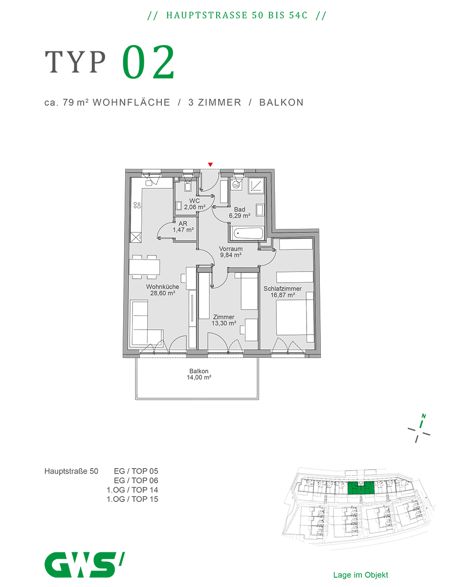 Nestelbach, Mietwohnung mit Kaufoption - Mietkaufwohnungen der GWS - Grundrisstyp 02 - 3-Zimmer-Wohnungen Nestelbach, Hauptstraße 50 - 54c, Wohnungstyp 02 - 3-Zimmer-Wohnung