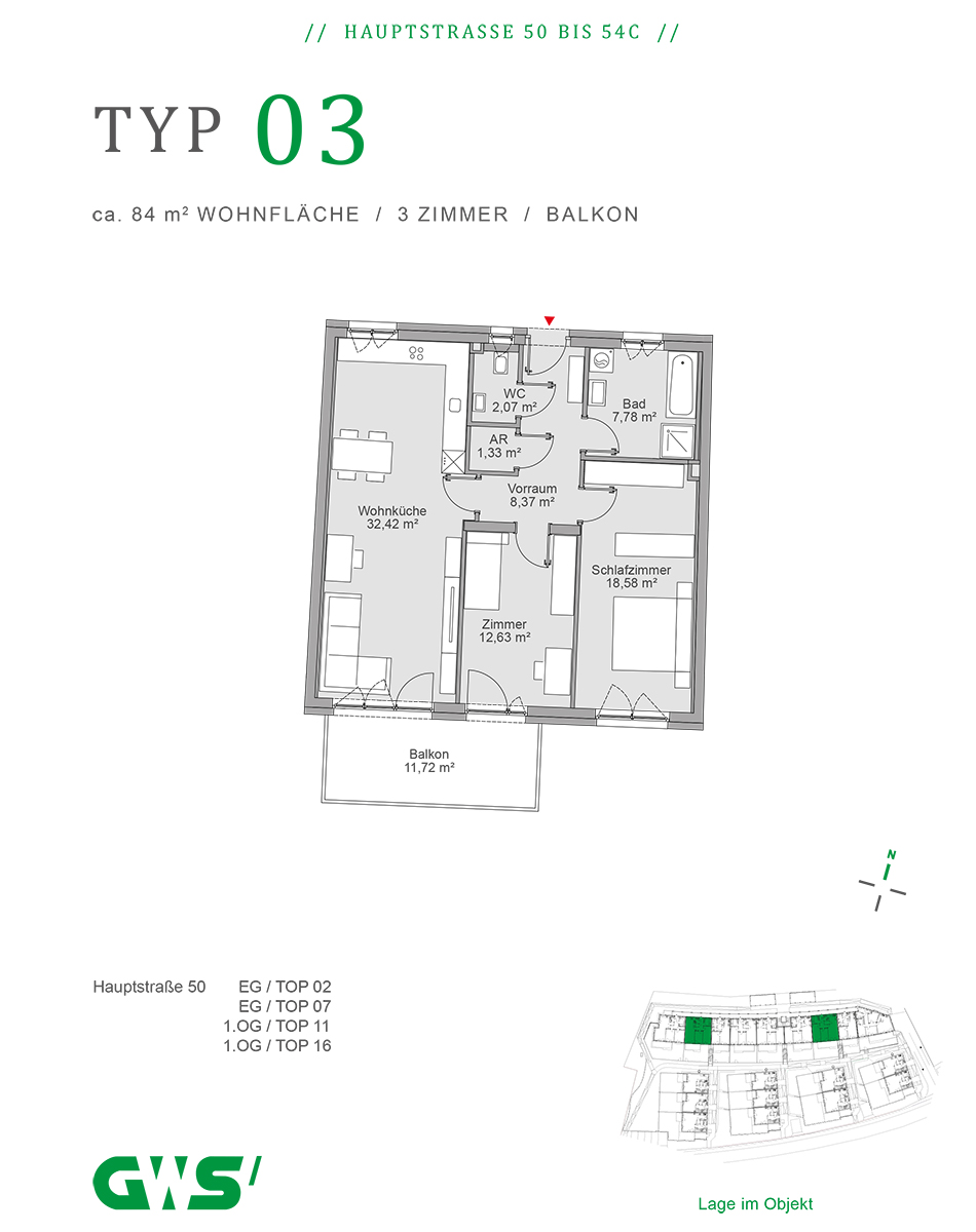 Nestelbach, Hauptstraße 50 bis 54c, Mietwohnungen mit Kaufoption - Wohnungstyp 03 - 3-Zimmer-Wohnung - Grundrisstyp Nestelbach, Hauptstraße 50 - 54c, Wohnungstyp 03 - 3-Zimmer-Wohnung