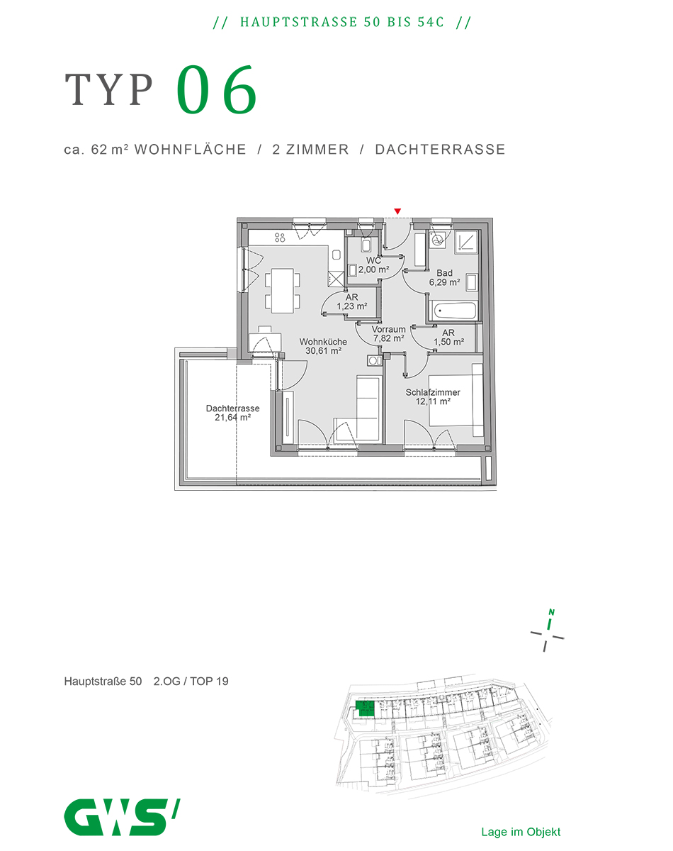 Nestelbach bei Graz, Mietwohnungen mit Kaufoption - Neubauprojekt der GWS - 2-Zimmer-Wohnungen - Grundrisstyp 06 Nestelbach, Hauptstraße 50 - 54c, Wohnungstyp 06 - 2-Zimmer-Wohnung