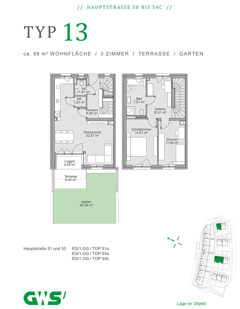 Nestelbach bei Graz, Mietkaufwohnung - Maisonettewohnung - 3 Zimmer - Grundrisstyp Nestelbach, Hauptstraße 50 - 54c, Wohnungstyp 13 - 3-Zimmer-Wohnung